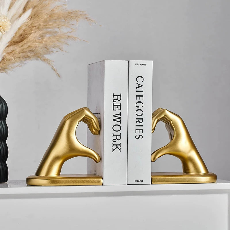 Golden Love Gesture Bookend — elegant resin décor for home or office.