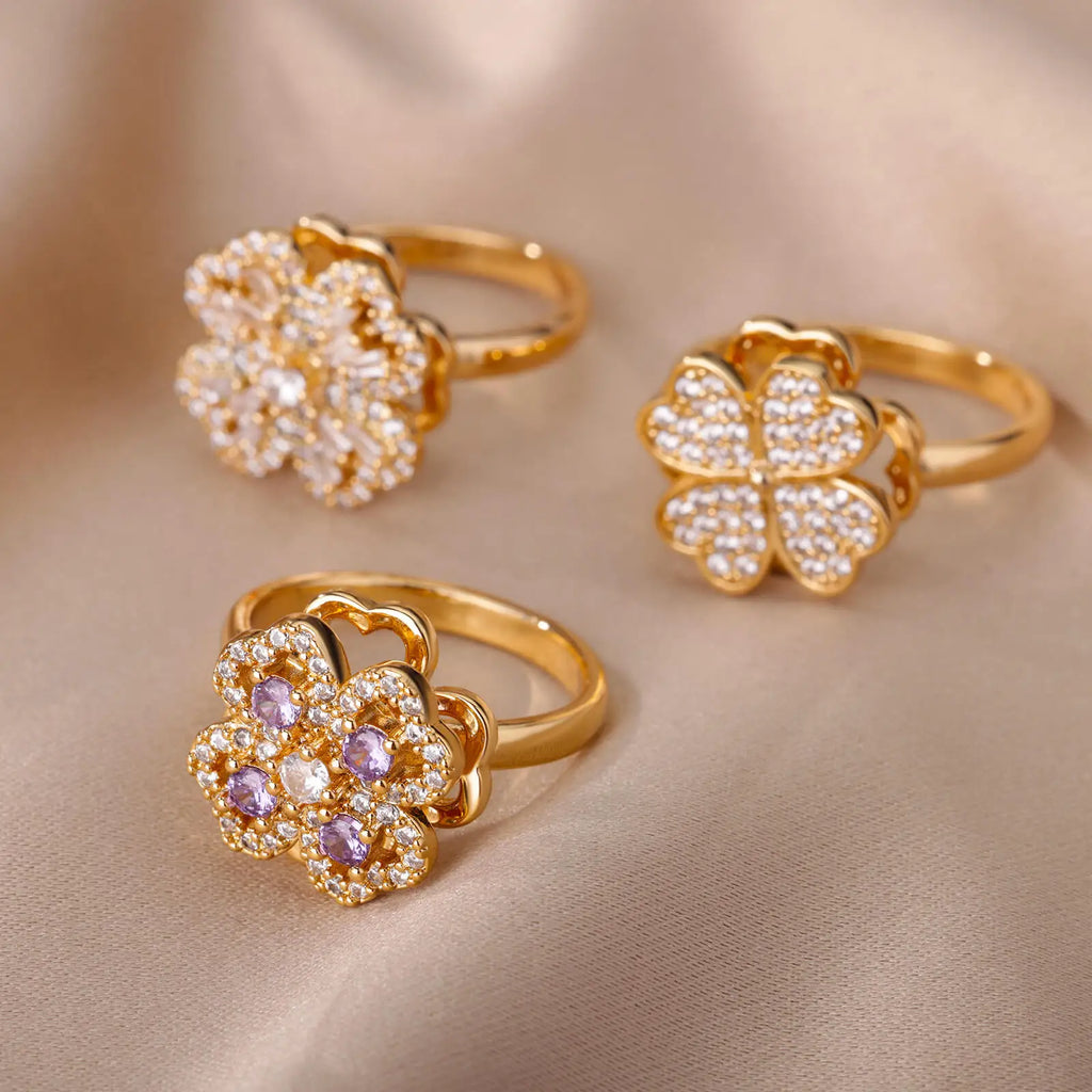 Zircon Rotatable Four Leaf Clover Anxiety Rings For Women Stainless Steel Anti-Stress Fidget Spinner Ring Aesthetic Jewelry Gift