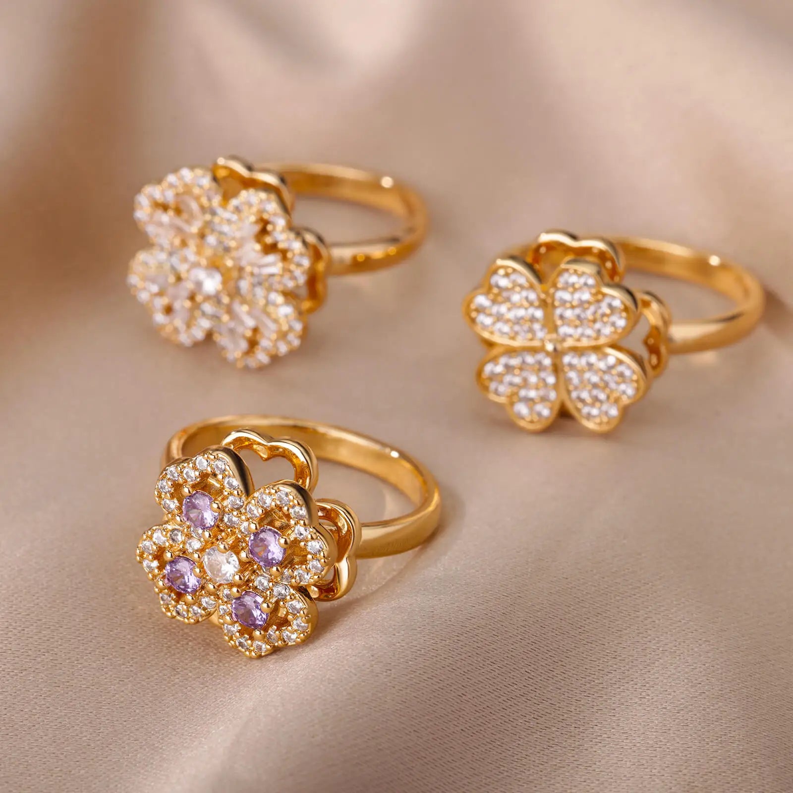 Zircon Rotatable Four Leaf Clover Anxiety Rings For Women Stainless Steel Anti-Stress Fidget Spinner Ring Aesthetic Jewelry Gift