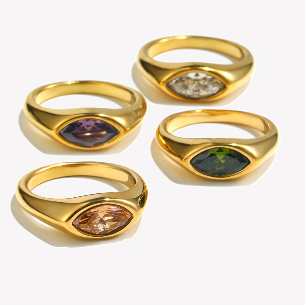 E.B.belle Horse Eye Zircon Seal Ring Colorful Hypoallergenic 316L Stainless Steel Decoration 18K Gold Plated Jewelry